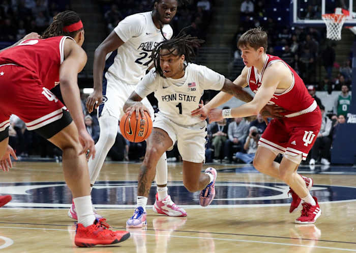 Penn State Nittany Lions guard Ace Baldwin Jr (1) maneuvers with the ball through the Indiana Hoosiers defense during the first half at Bryce Jordan Center. Penn State defeated Indiana 83-74.